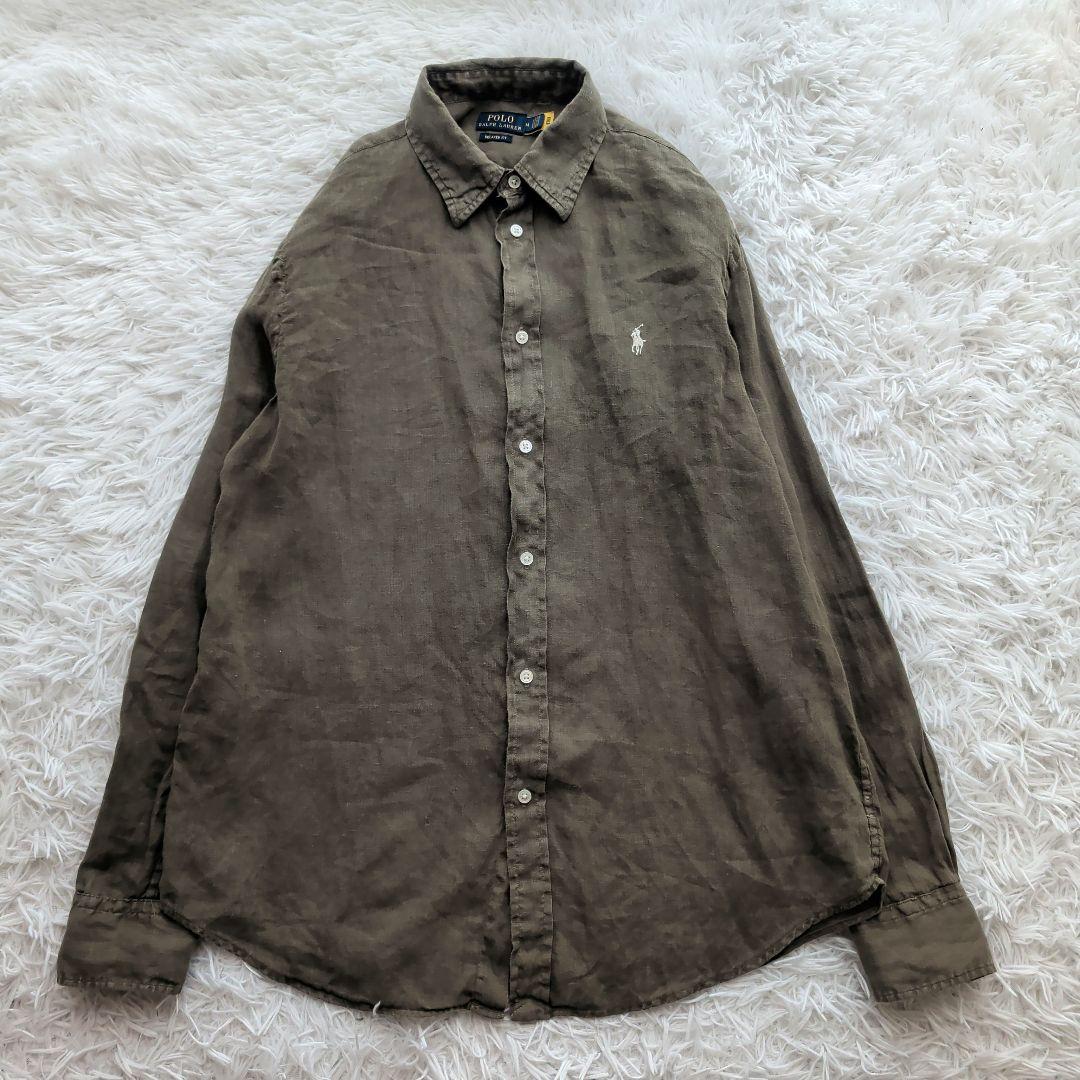 現行 ポロラルフローレン リネンシャツ 刺繍ポニー カーキ M