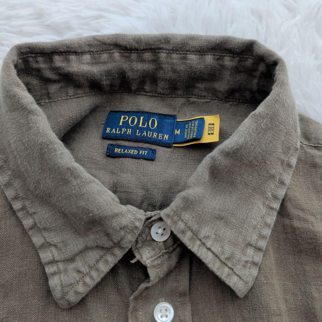 現行 ポロラルフローレン リネンシャツ 刺繍ポニー カーキ M