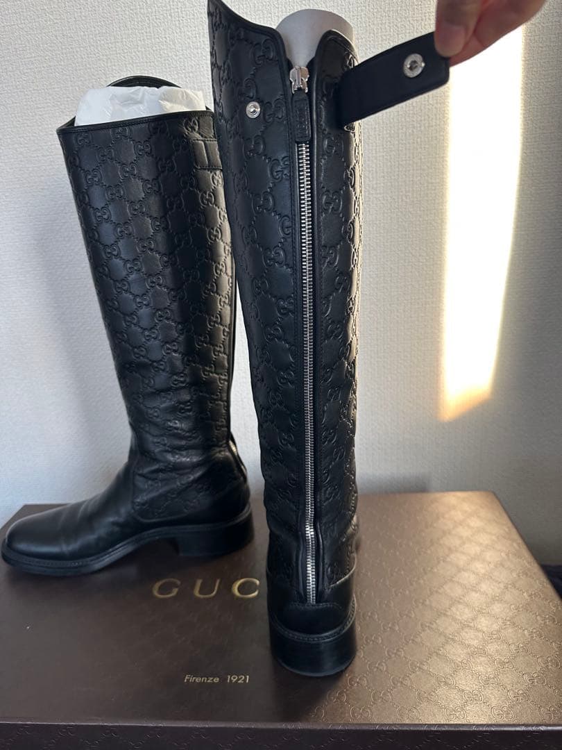 GUCCI ブラックレザー ロングブーツ GGパターン　39サイズ