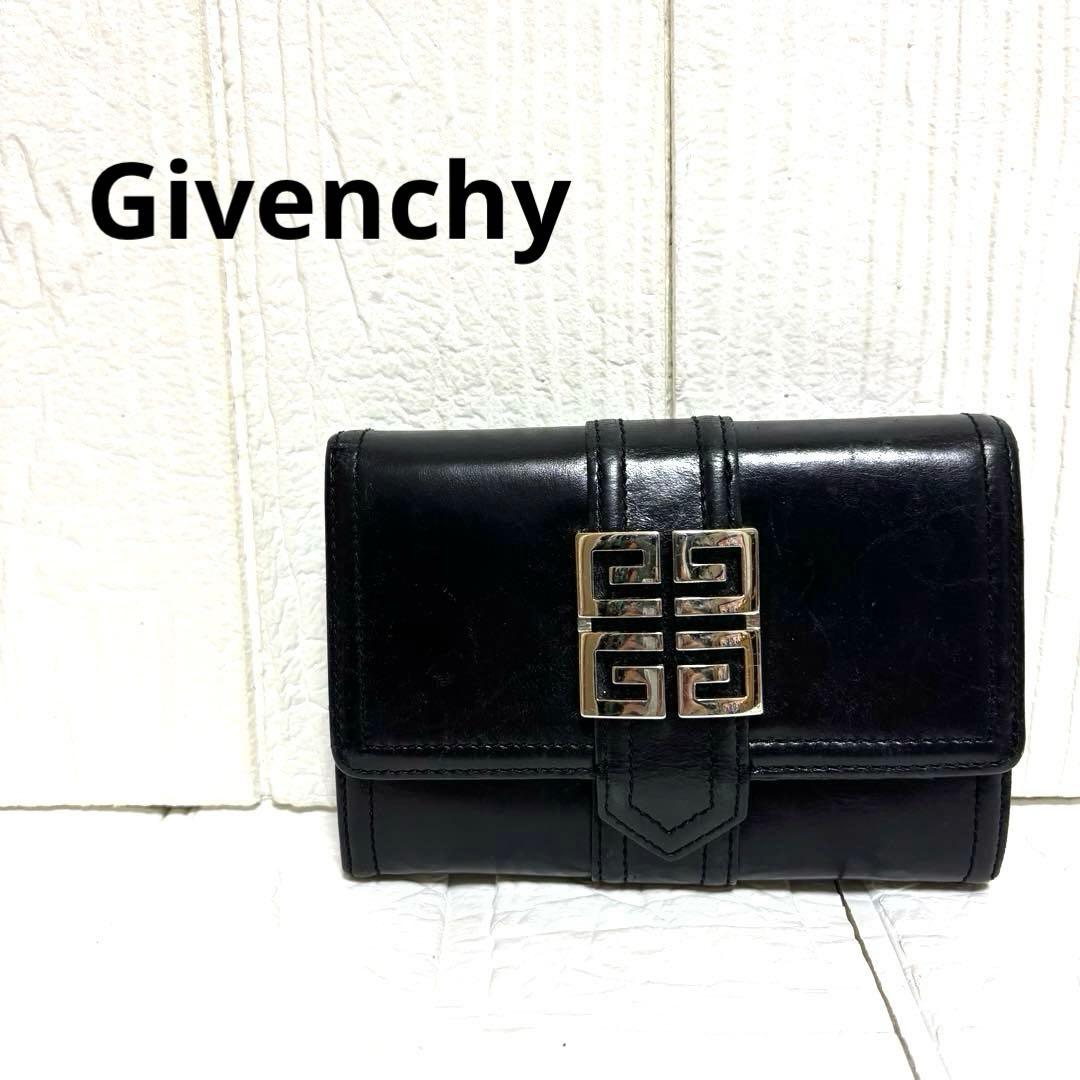 希少 ジバンシー メタル ビッグ ロゴ レザー 二つ折り 財布 黒 ヴィンテージ