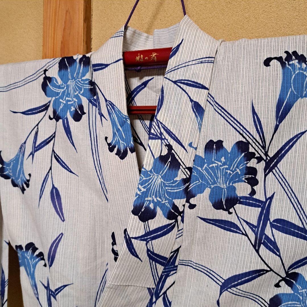 美品 本染め 浴衣　裄67 麻混　百合柄
