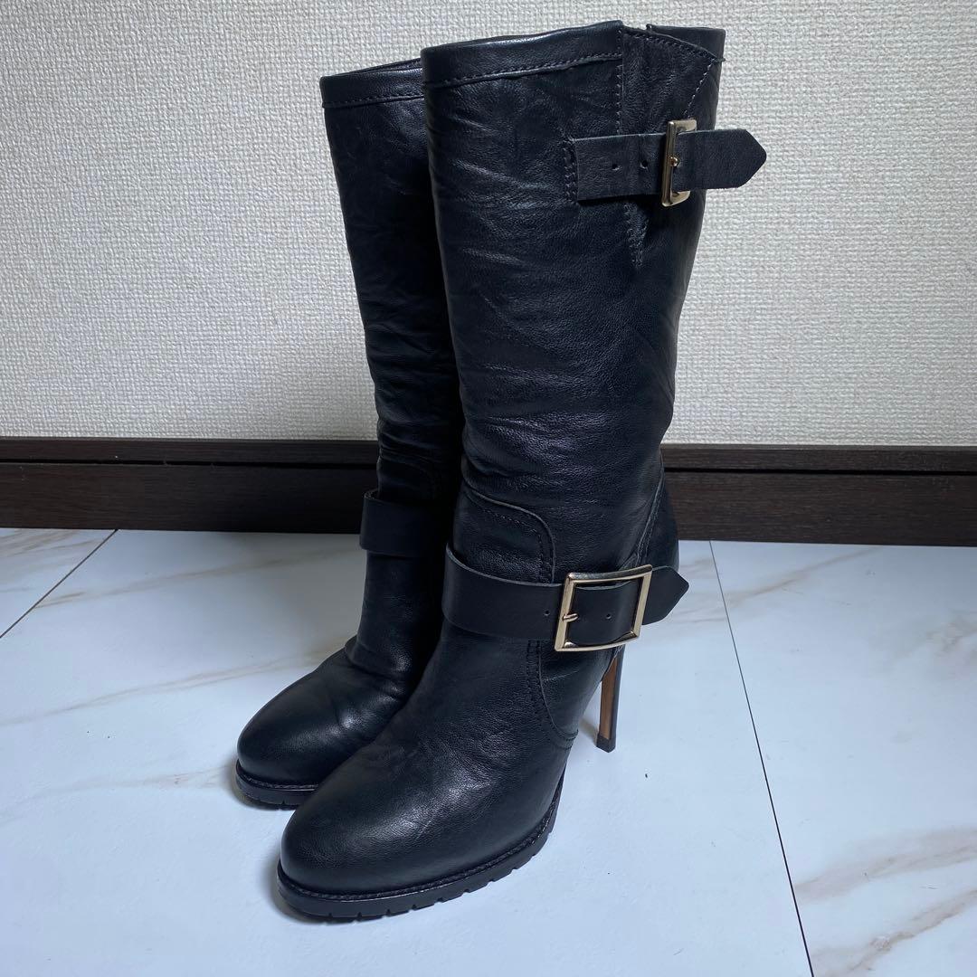 極美品♡ジミーチュウ レザーバイカーブーツ GALEN　ピンヒール シワ革加工