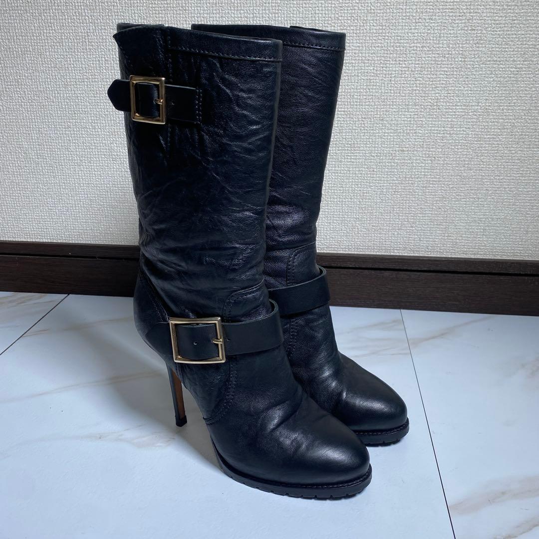 極美品♡ジミーチュウ レザーバイカーブーツ GALEN　ピンヒール シワ革加工