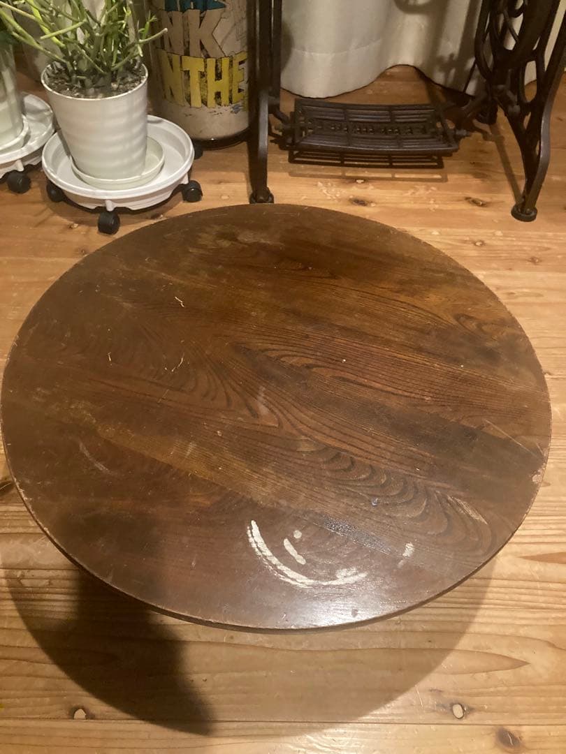 昭和レトロ　古い木製丸ローテーブル　折畳丸ちゃぶ台14直径600