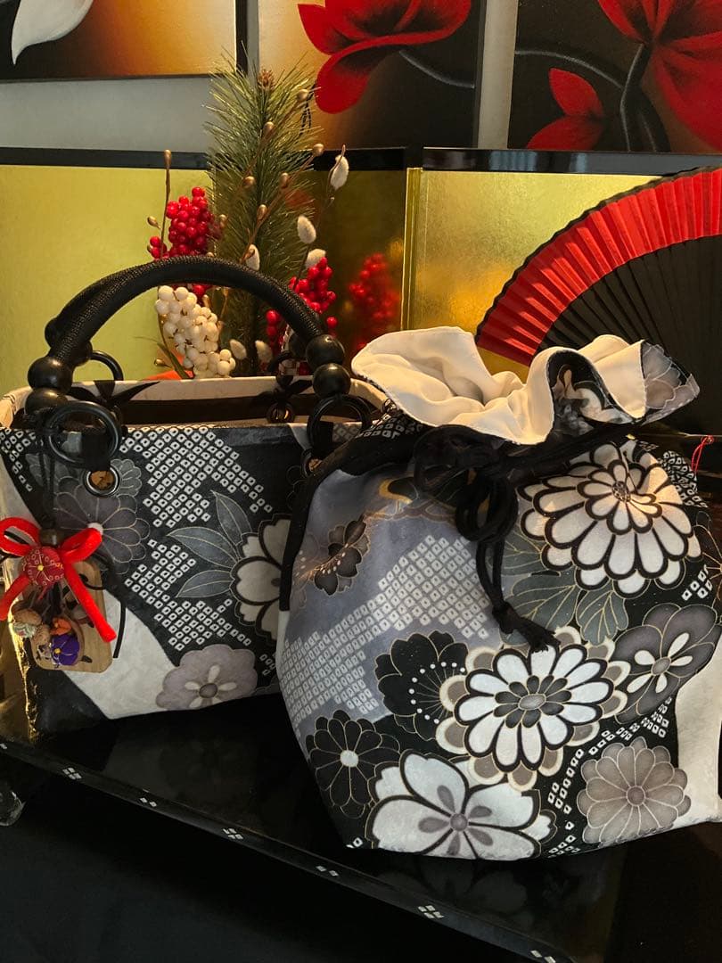 一閑張り　一閑張りバッグ　古文書　和紙　花絵柄　大正　着物　桜　京友禅　ダリア菊