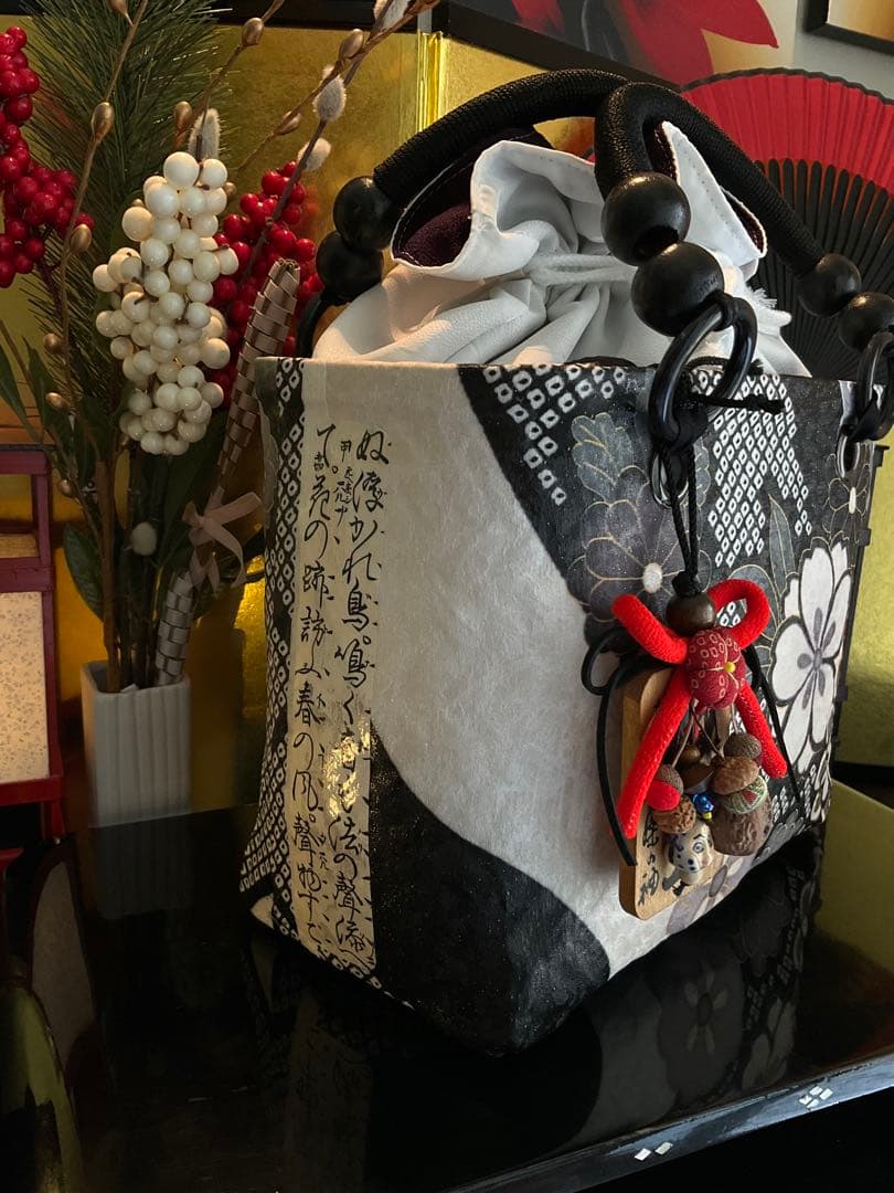 一閑張り　一閑張りバッグ　古文書　和紙　花絵柄　大正　着物　桜　京友禅　ダリア菊