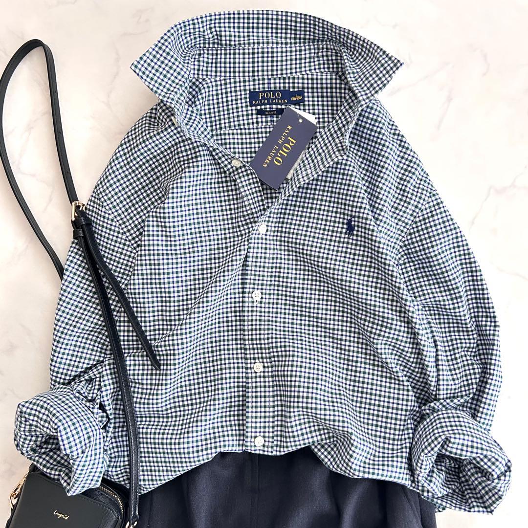 新品タグ付 ポロラルフローレン 長袖チェックシャツ ブルー グリーン L