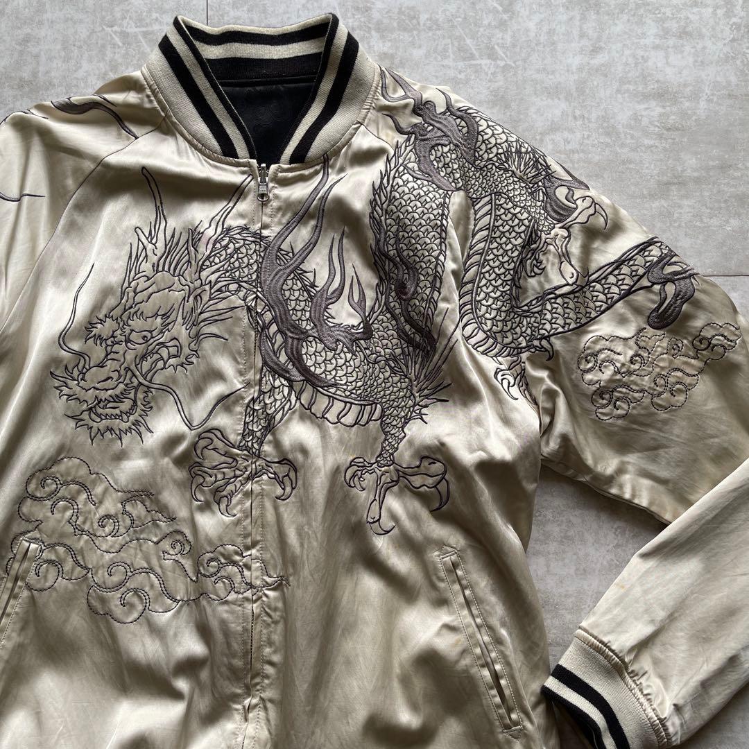 絡繰魂 スカジャン XL リバーシブル 龍刺繍 和柄 ホワイト×ブラック