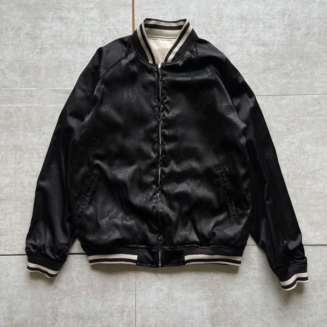 絡繰魂 スカジャン XL リバーシブル 龍刺繍 和柄 ホワイト×ブラック