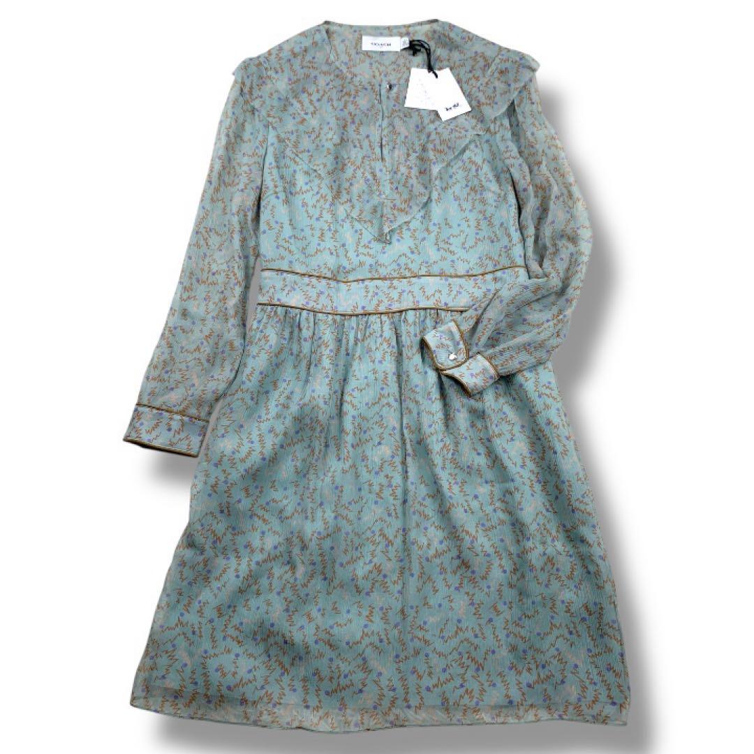 新品　COACH コーチ　シルク100% シフォンワンピース　総柄　グリーン系