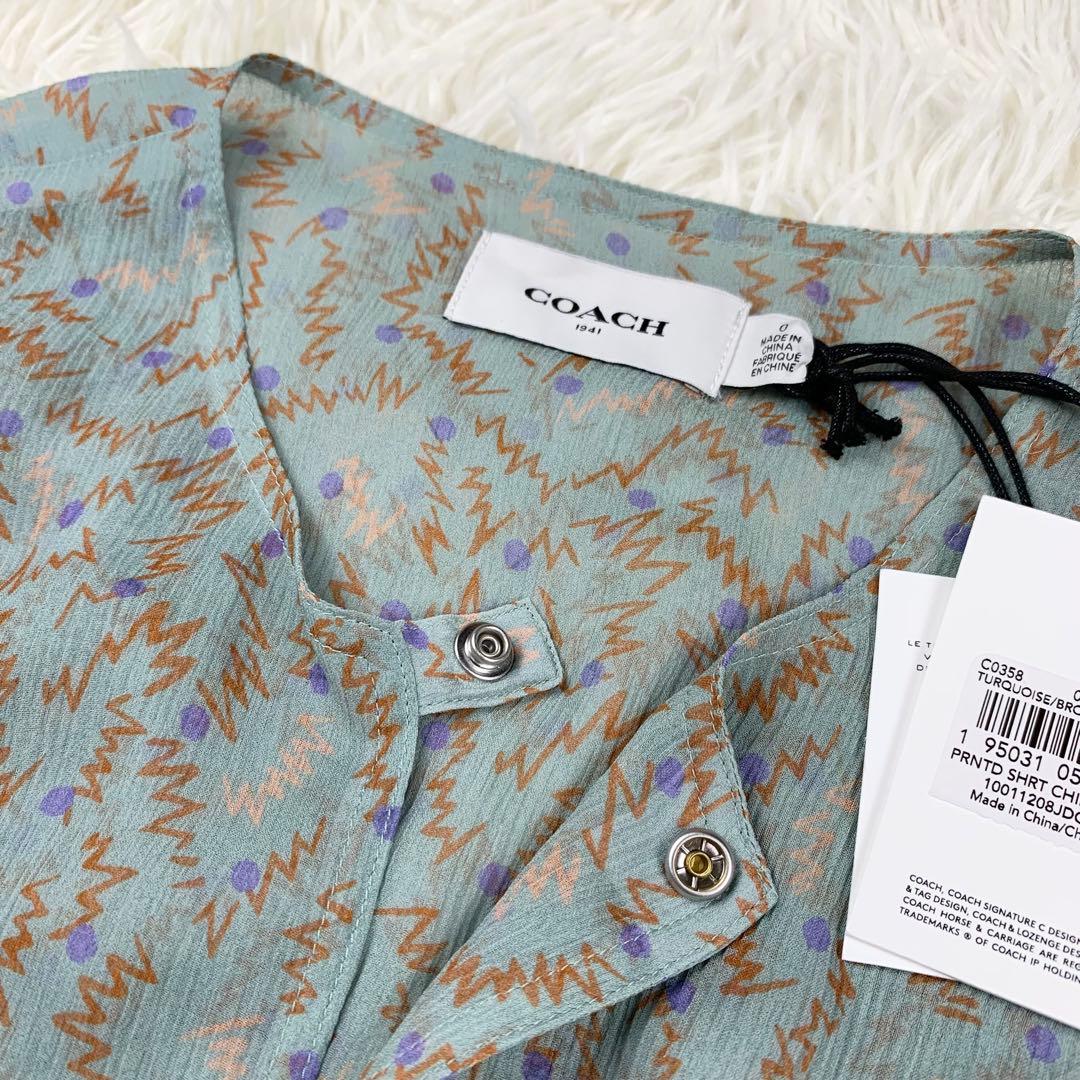 新品　COACH コーチ　シルク100% シフォンワンピース　総柄　グリーン系