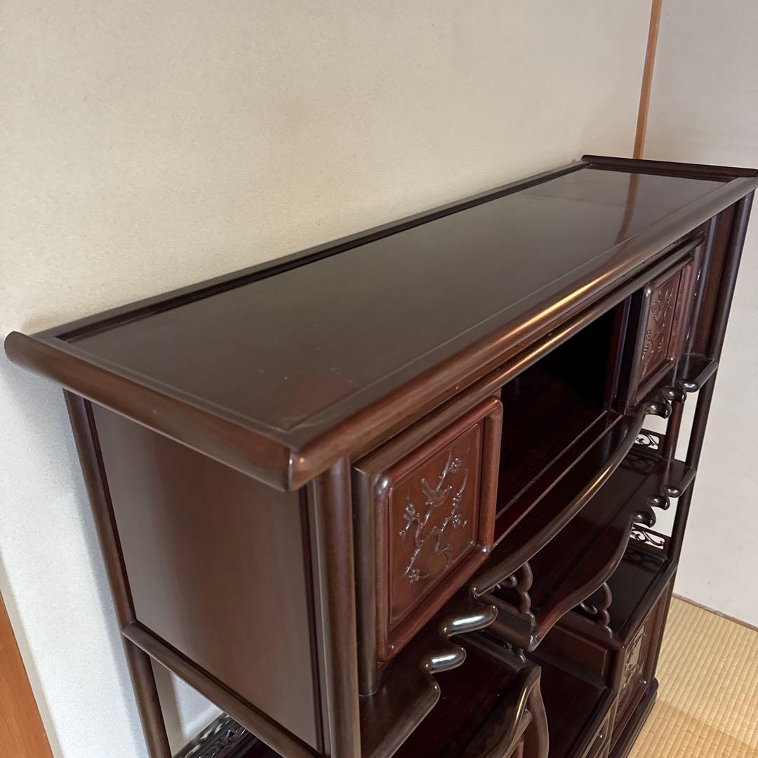 唐木家具 紫檀 茶箪笥 飾り棚 唐草透彫り