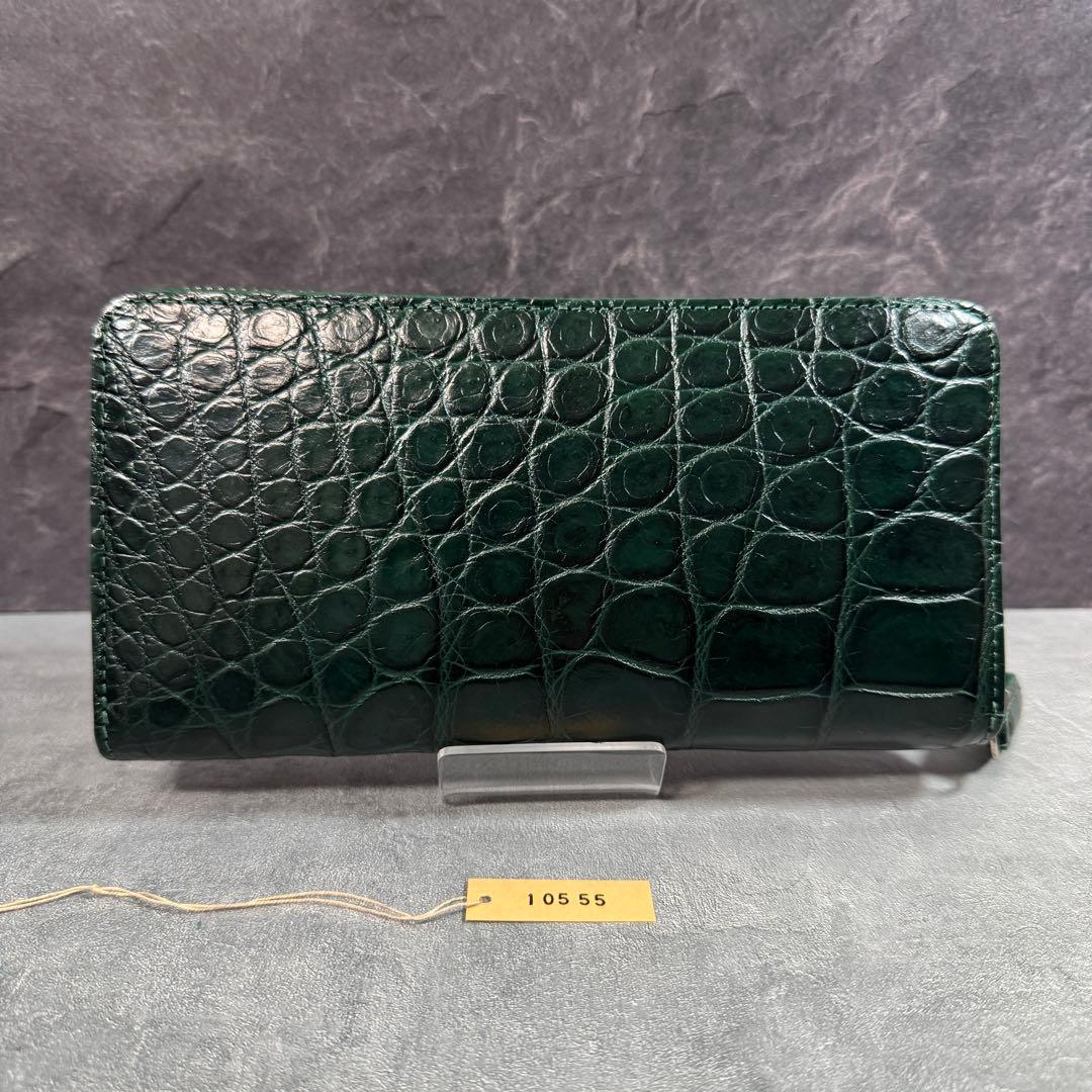 新品 クロコダイル 長財布 ダークグリーン シルバーファスナー 本革 ワニ革