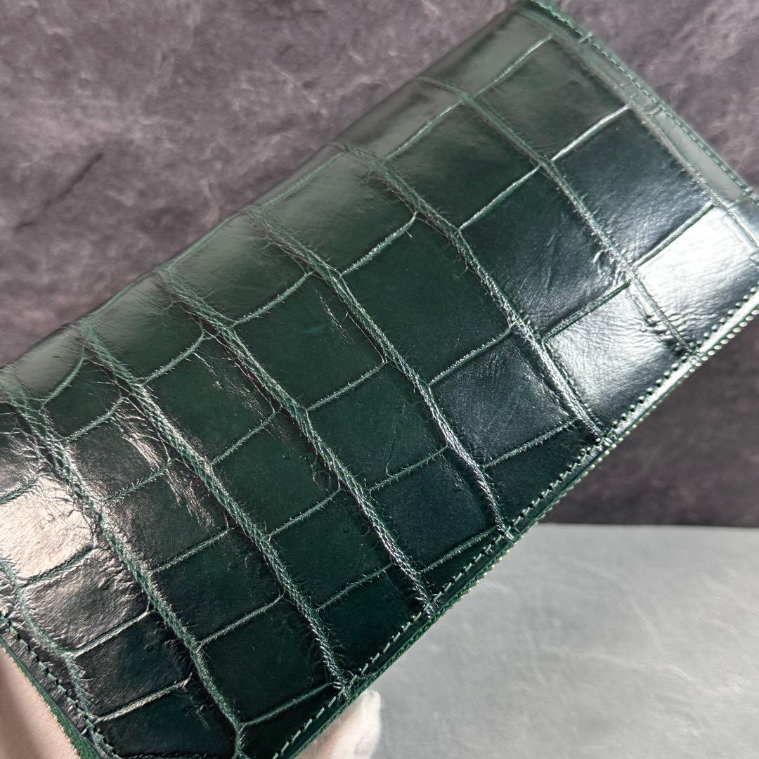新品 クロコダイル 長財布 ダークグリーン シルバーファスナー 本革 ワニ革