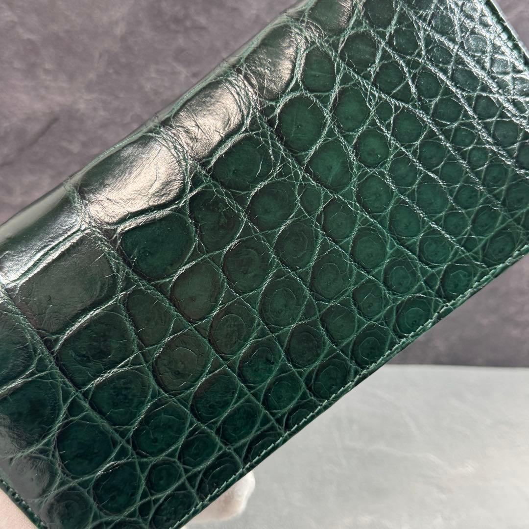 新品 クロコダイル 長財布 ダークグリーン シルバーファスナー 本革 ワニ革