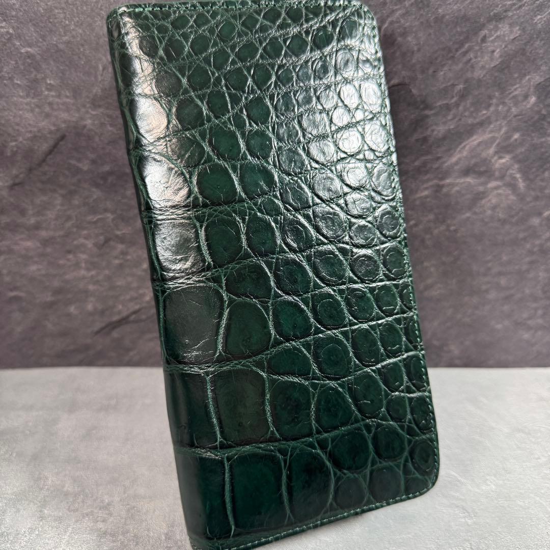 新品 クロコダイル 長財布 ダークグリーン シルバーファスナー 本革 ワニ革