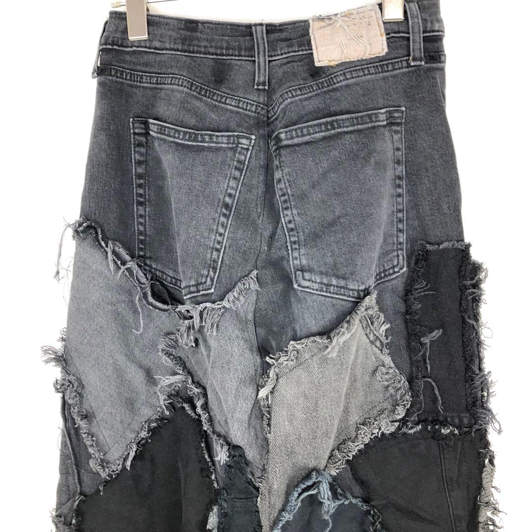 3052 リメイク　デニムスカート　再構築　パッチワーク　黒