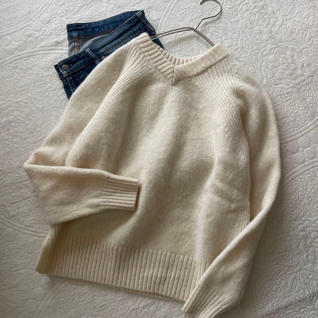 pritシェットランドウール5G天竺編み 2wayプルオーバーニット　アイボリー