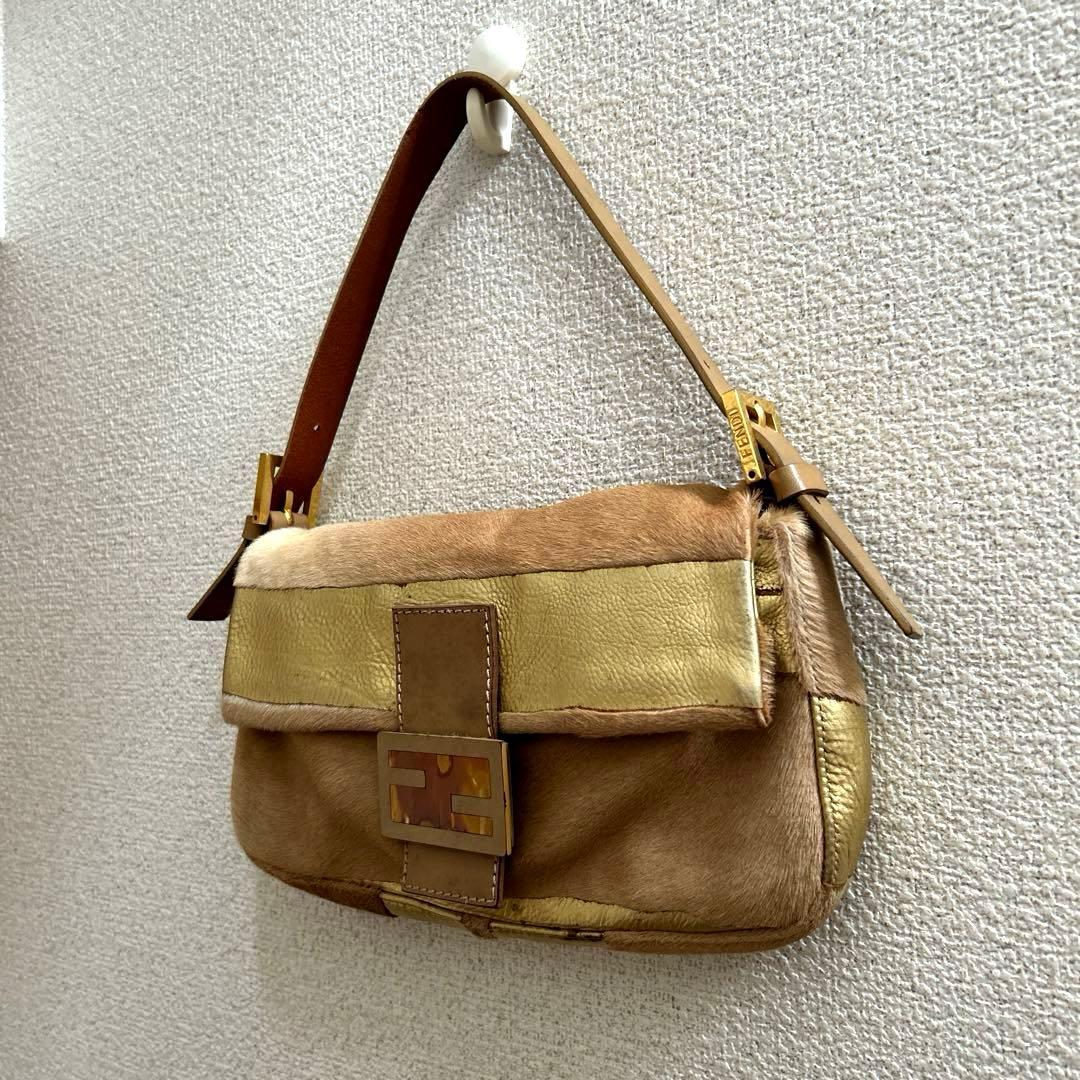 希少✨ FENDI フェンディ バゲット ハンドバッグ ハラコ×ゴールドレザー