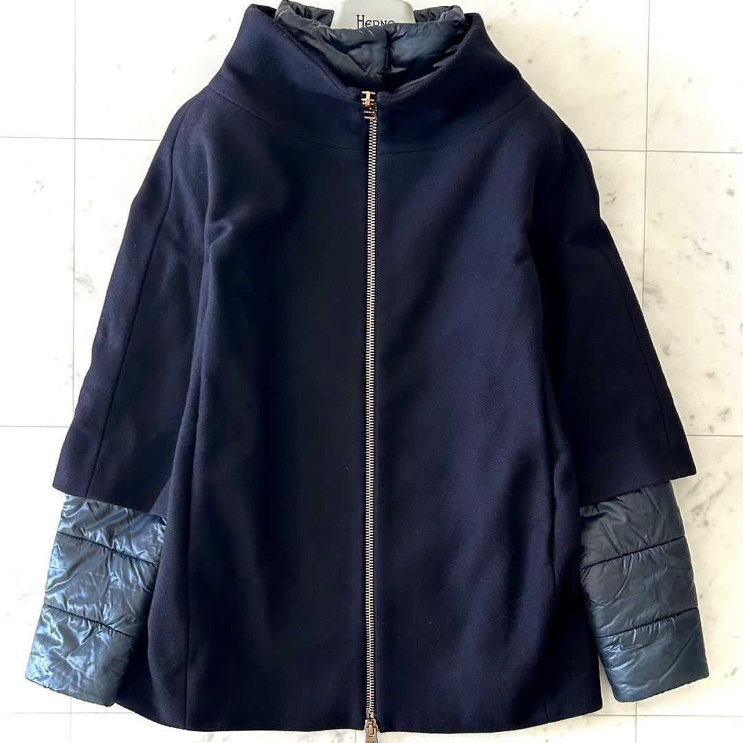美品 ヘルノ HERNO ウール切替 ドッキング中綿コート ネイビー 42 紺