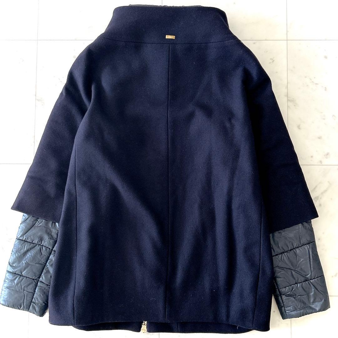 美品 ヘルノ HERNO ウール切替 ドッキング中綿コート ネイビー 42 紺