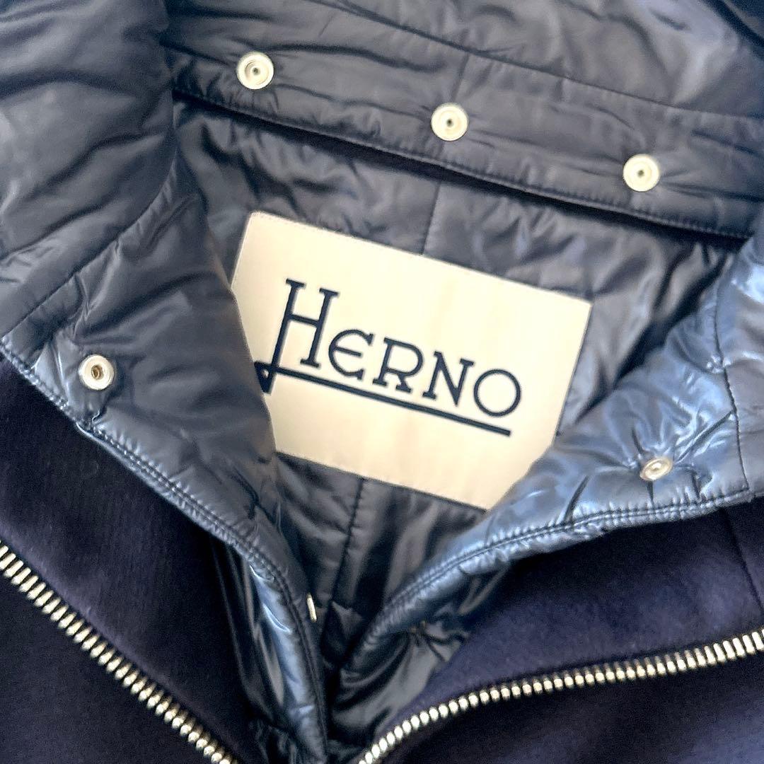 美品 ヘルノ HERNO ウール切替 ドッキング中綿コート ネイビー 42 紺