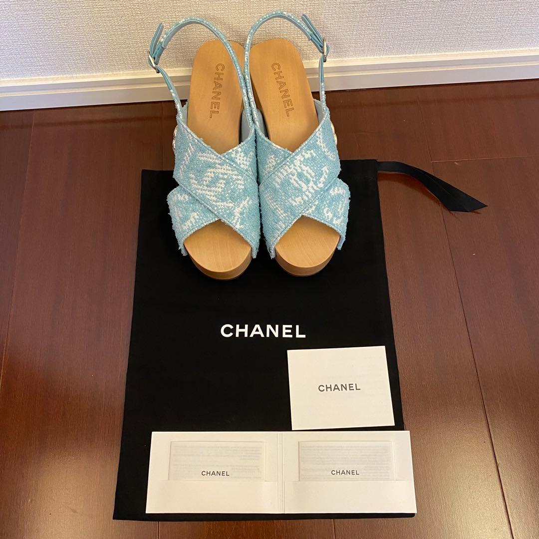 CHANEL 水色 ツイード サンダル 37
