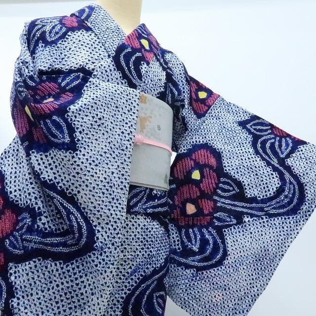 Y3284◆有松鳴海絞り 綿 広衿 仕付け糸・居敷当て付 手縫い 高級浴衣