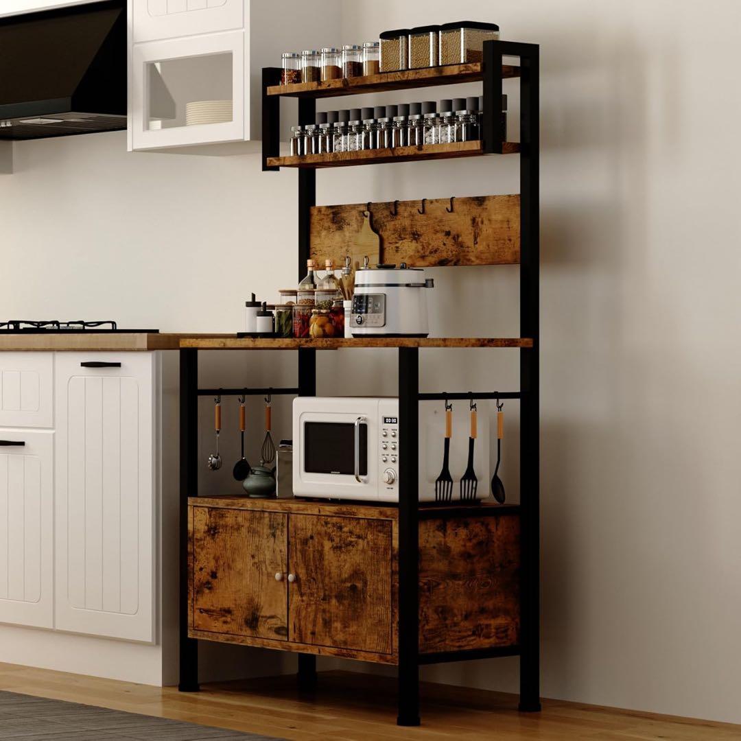 おしゃれビンテージ調レンジラック幅60キッチンラック 5段物置戸棚付き扉大型対応