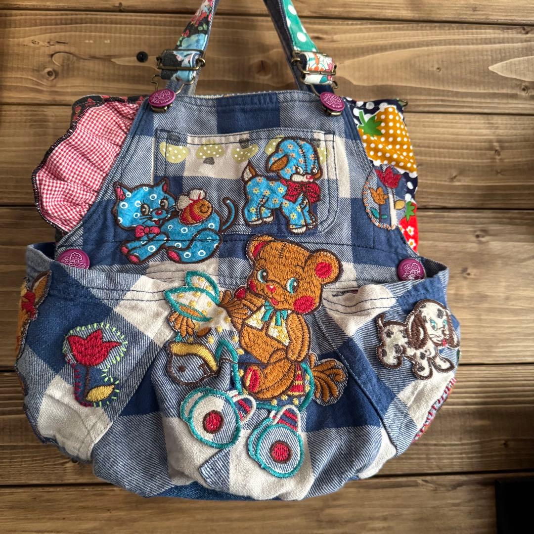 ハンドメイド デニムリメイク バッグ サロペット レトロアニマル 楕円底 32