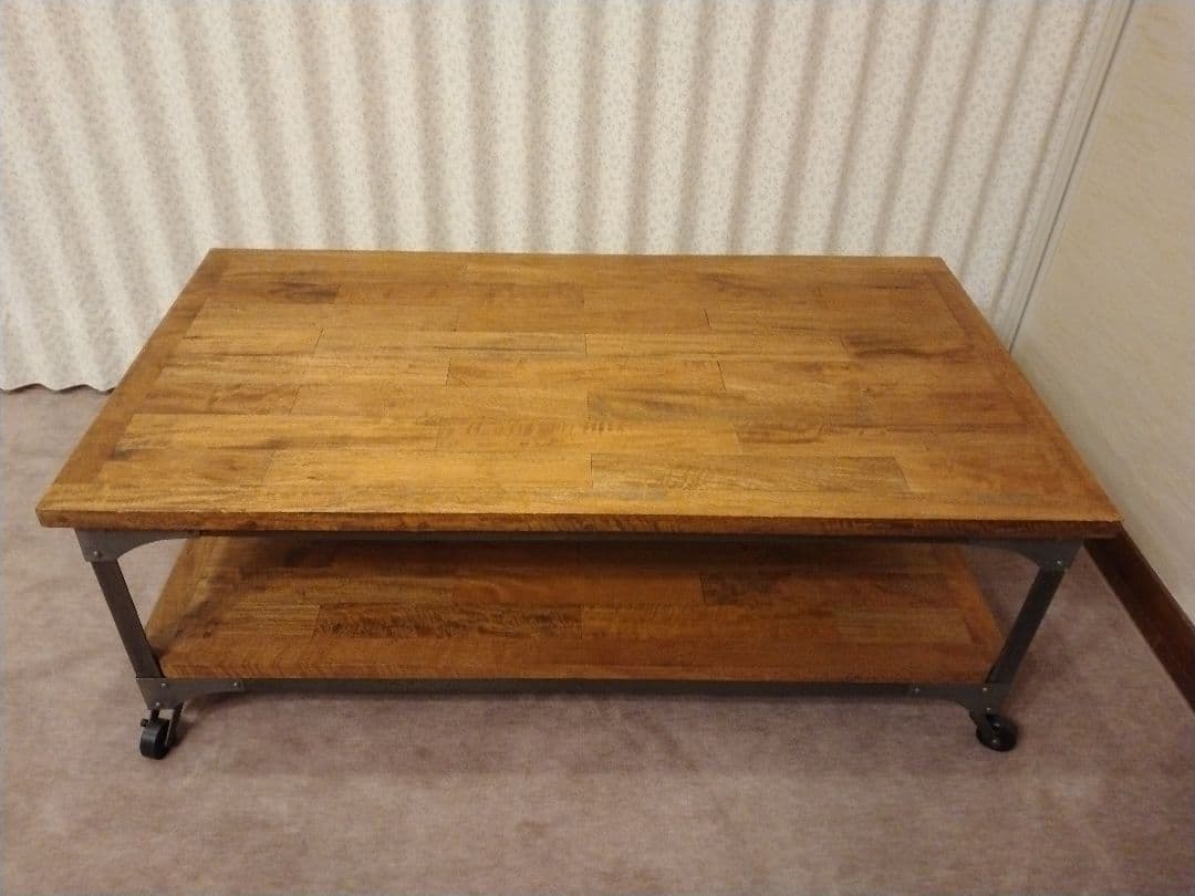 木製＆スチールセンターテーブル キャスター付き