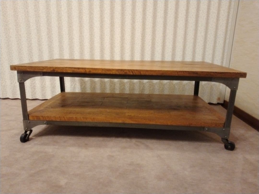 木製＆スチールセンターテーブル キャスター付き