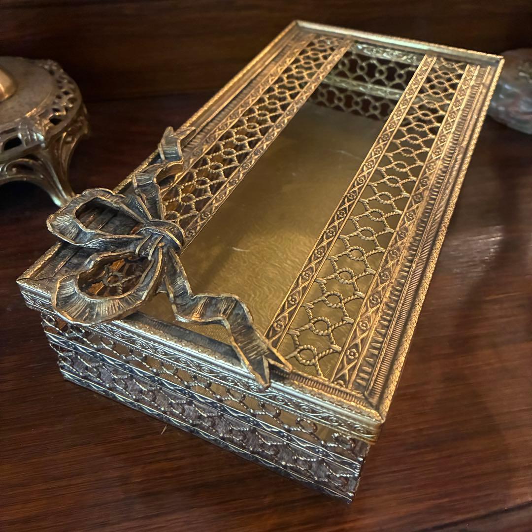 豪華50s リボン型アメリカアンティーク金属製ティッシュケースUSAヴィンテージ