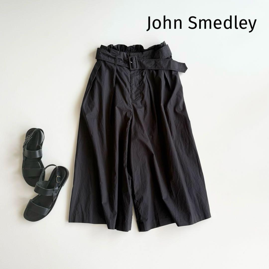 【ジョンスメドレー】ガウチョパンツ ベルト付 ワイド 黒 コットン 柔らかM相当