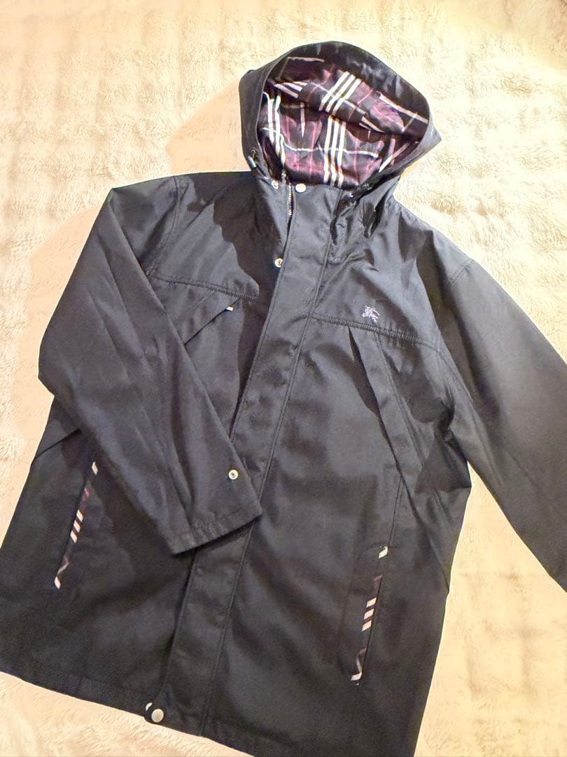 バーバリーブルーレーベル黒チェック柄裏地ポリエステルジャケット