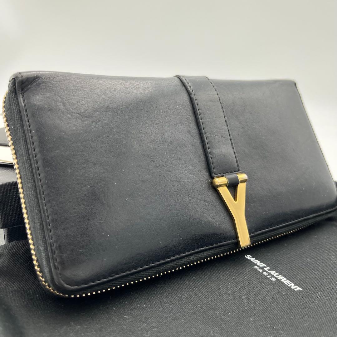 箱付 サンローランパリ Yライン ラウンドファスナー カーブレザー ブラック