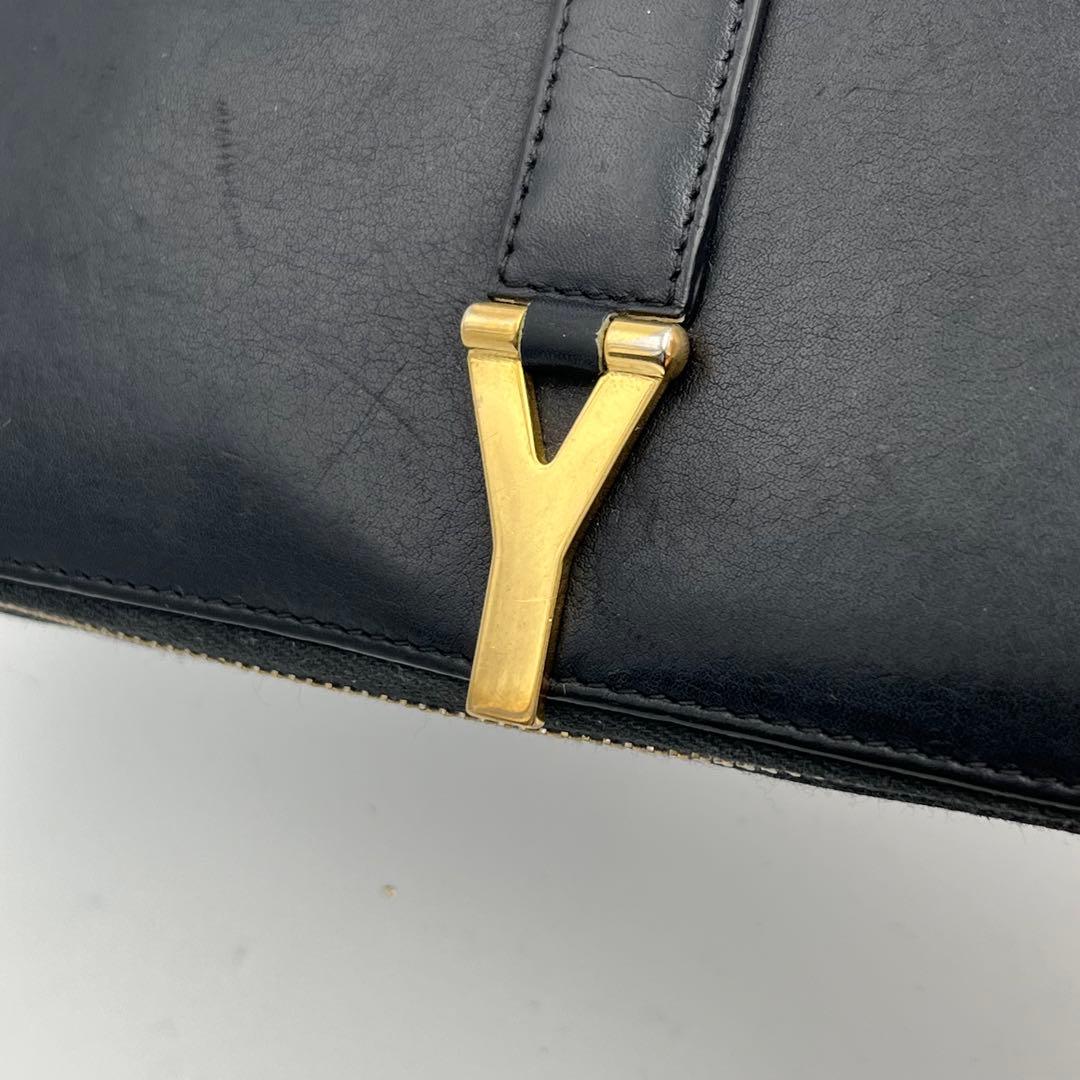 箱付 サンローランパリ Yライン ラウンドファスナー カーブレザー ブラック