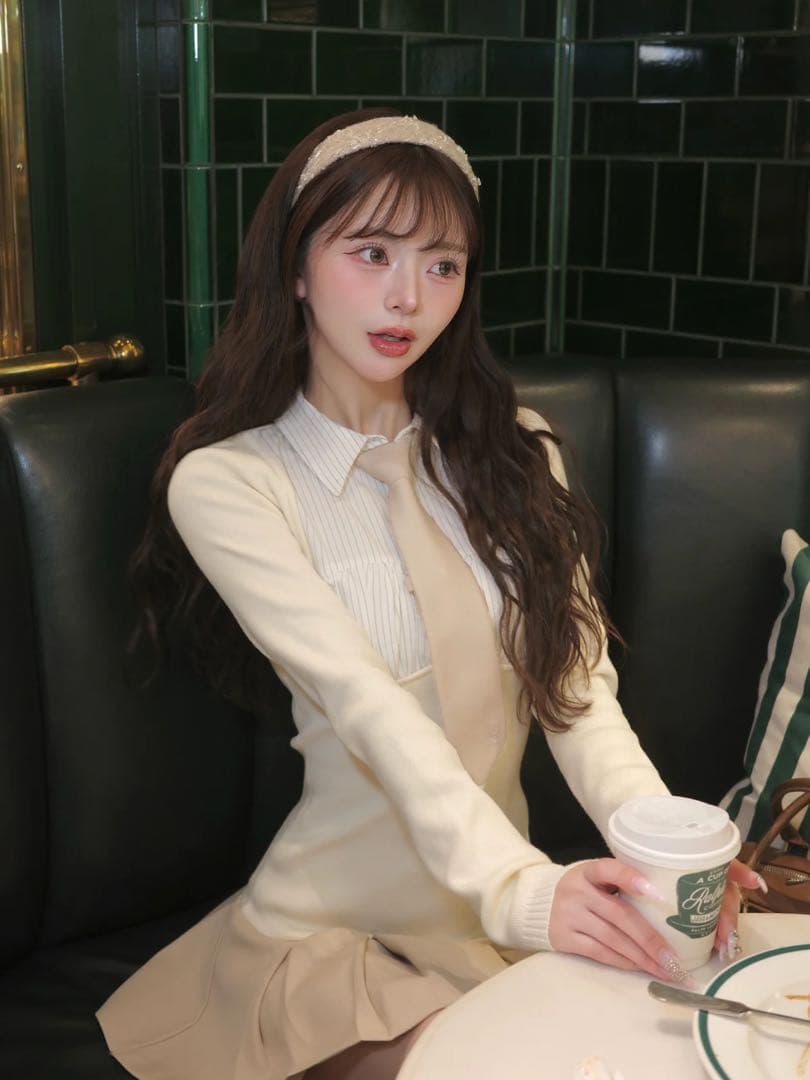 Darich ネクタイシャツドッキングニットミニワンピース BEG