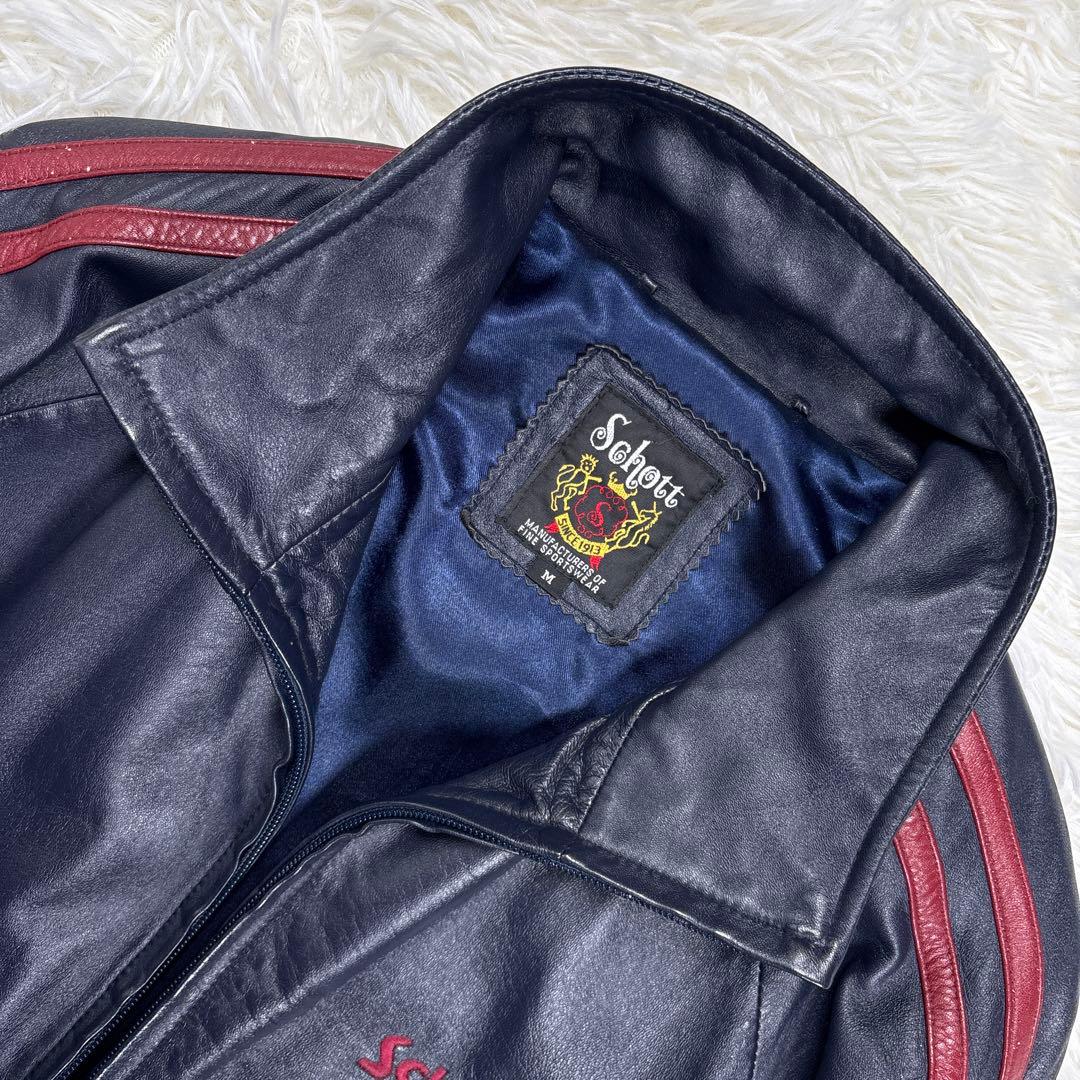 ✨希少・ラムレザー✨ショット　トラックジャケット　トラッカー　ロゴ刺繍　濃紺　M