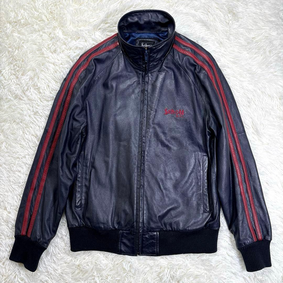 ✨希少・ラムレザー✨ショット　トラックジャケット　トラッカー　ロゴ刺繍　濃紺　M