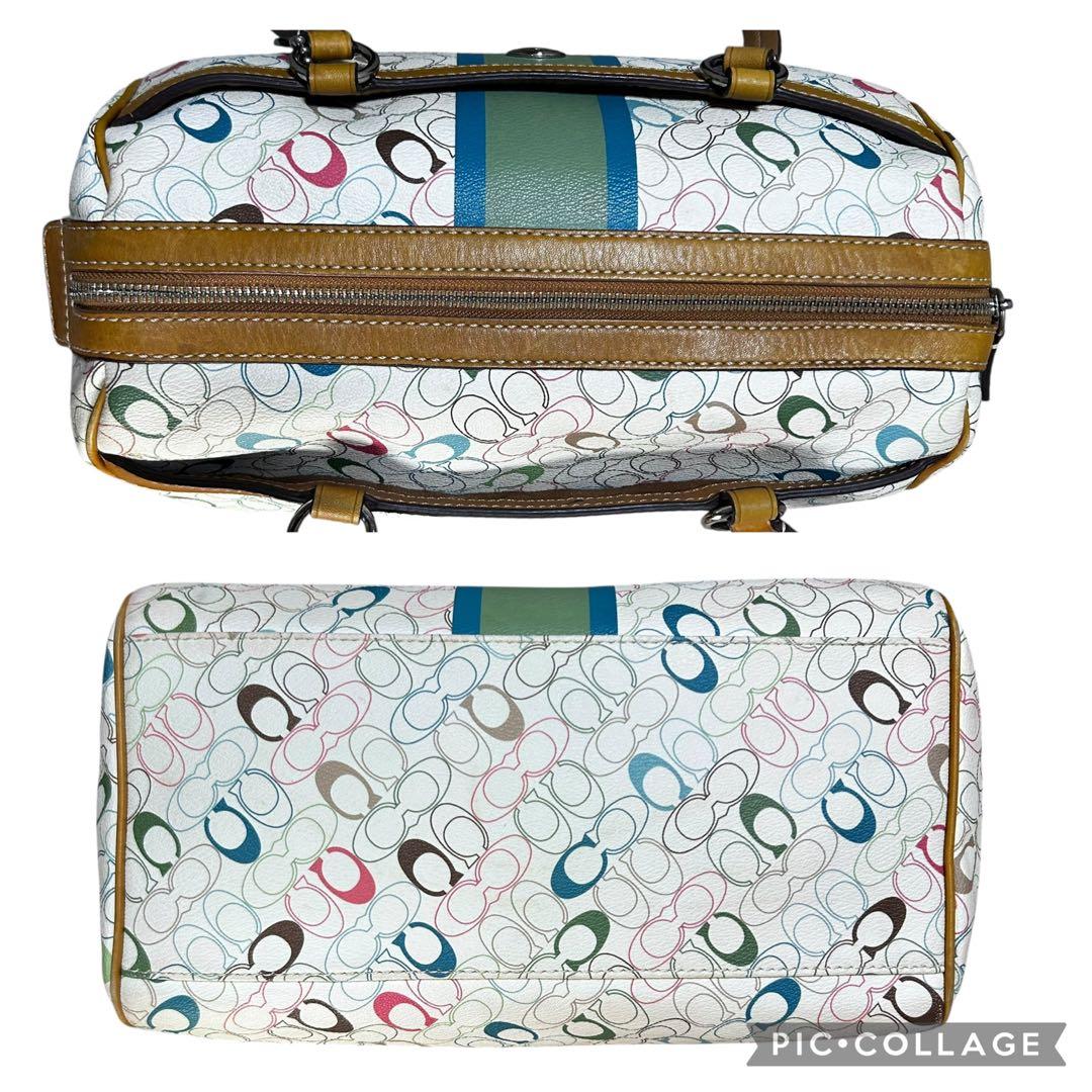 美品　コーチ　ミニボストンバッグ　シグネチャー　マルチカラー　PVC レザー