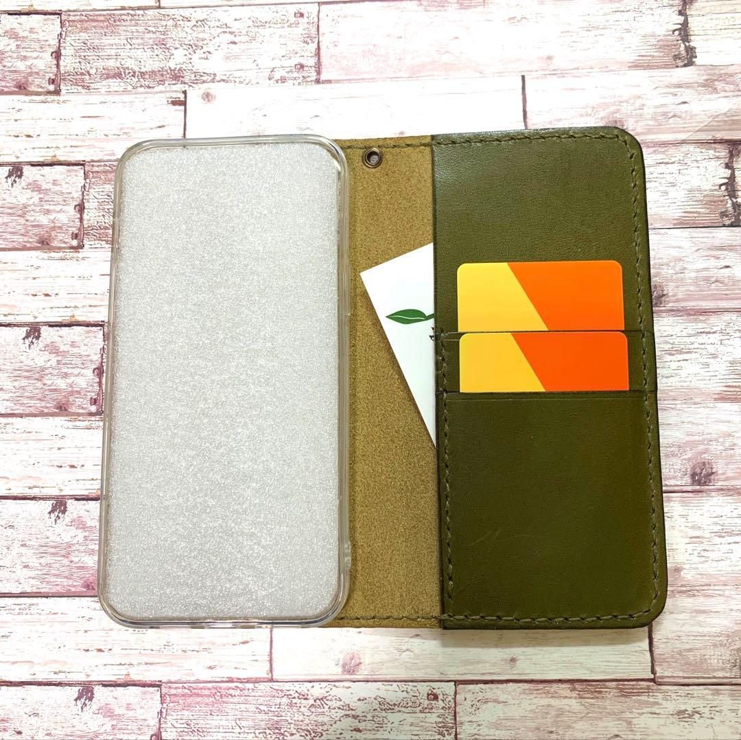 栃木レザー　オリーブ　グリーンiPhoneケース　手帳型 本革