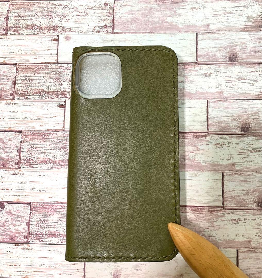 栃木レザー　オリーブ　グリーンiPhoneケース　手帳型 本革