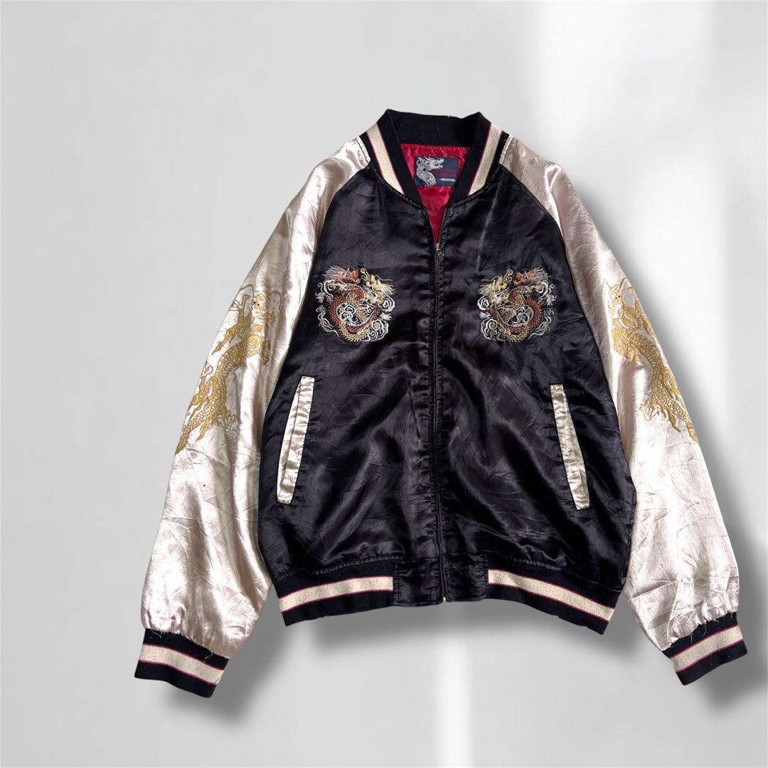 スカジャン ブラック ゴールド ドラゴン刺繍入り スタイリッシュ 長袖 B176