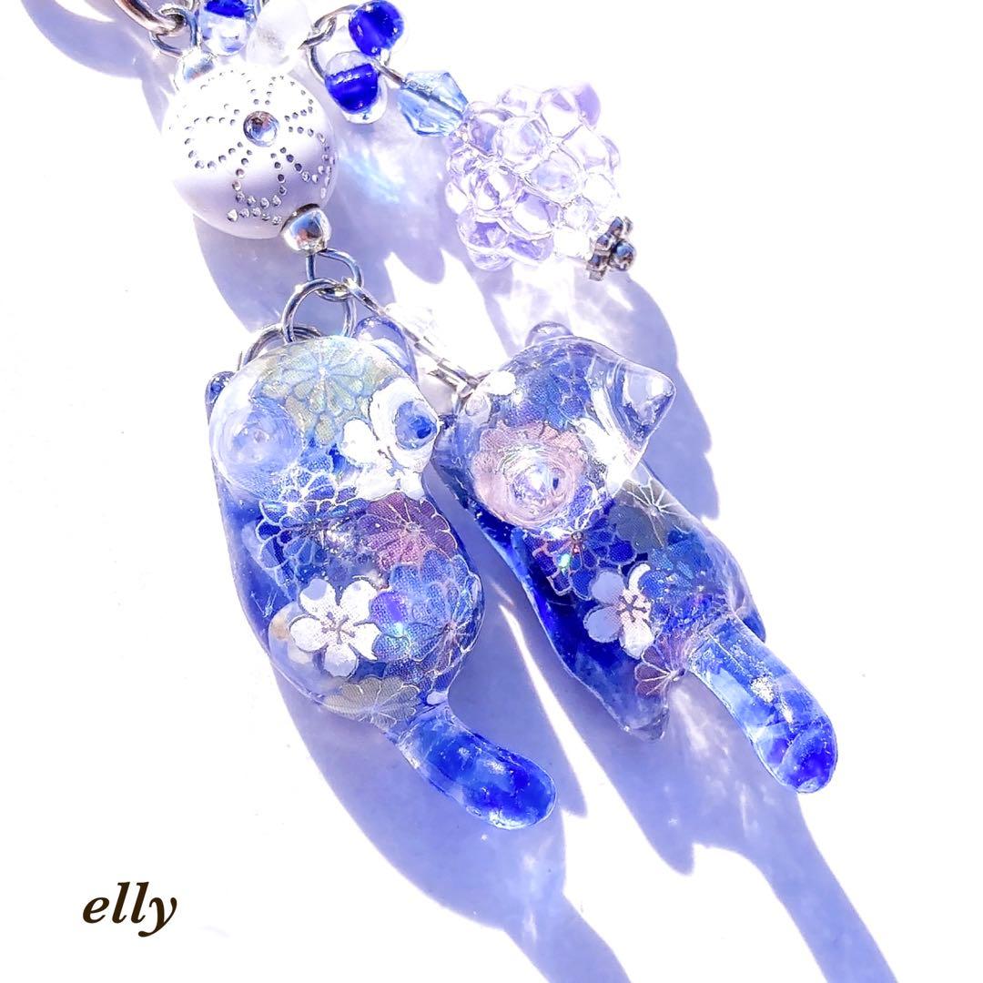 【ヒイラギ様】1092天然石　和柄　じゃれ猫　ジャンピング猫　レジン　たチャーム