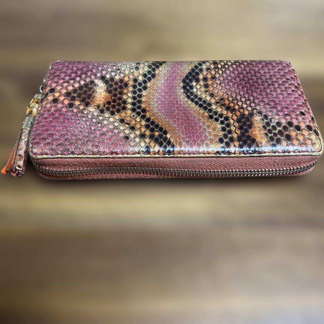 美品！グッチ 長財布 パイソン バンブー チャーム タッセル オレンジ