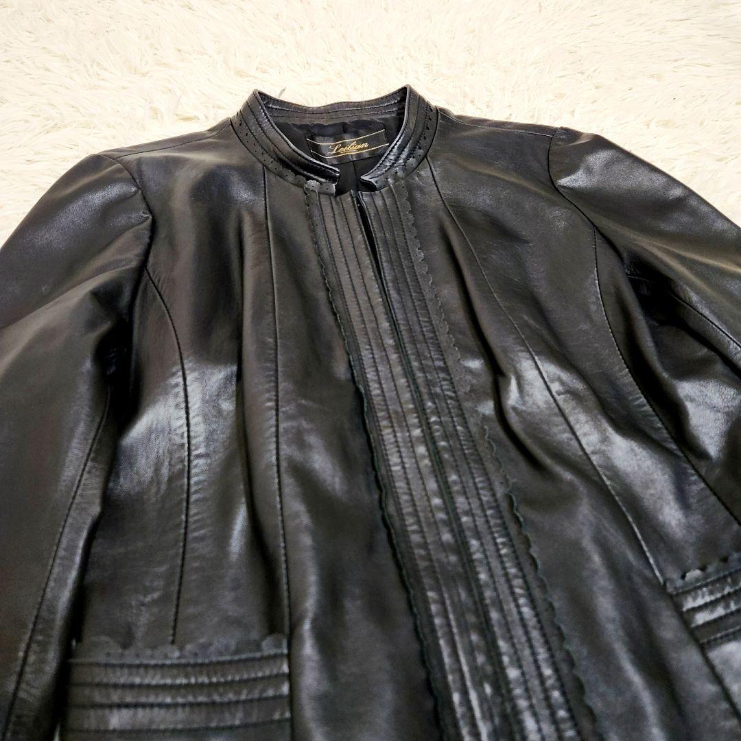 【本革】Leilian 羊革 フリル レザージャケット ブラック