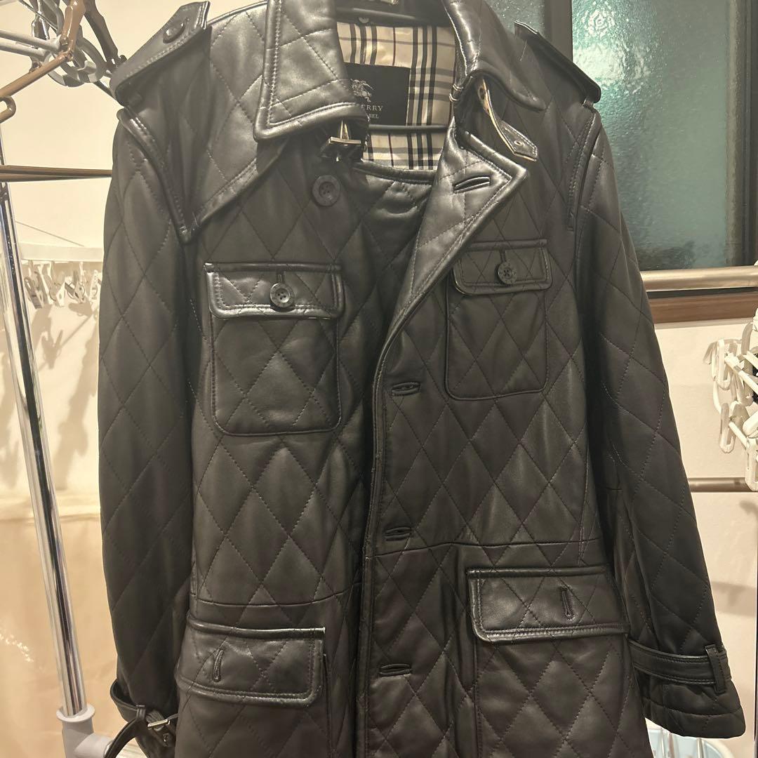 高級　美品　バーバリー　レザーコート　ジャケット　ブラック　黒　M ロング