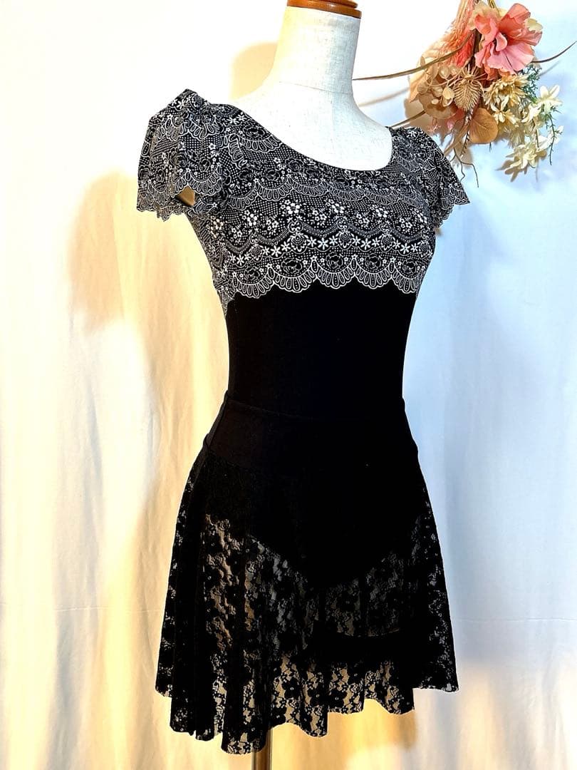 バレエ レオタード大人M＊黒ブラック＊レース柄フレア袖＊スカートセット