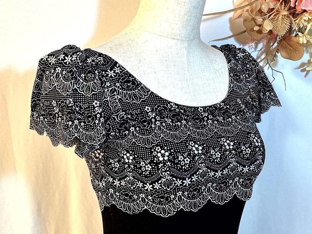 バレエ レオタード大人M＊黒ブラック＊レース柄フレア袖＊スカートセット